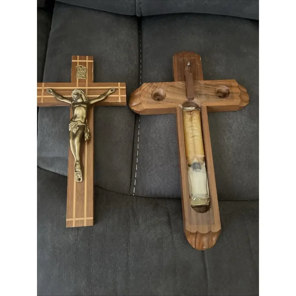 Vintage Catholic Last Rites Sick Call Crucifix Cross – Wood Wooden Metal INRI